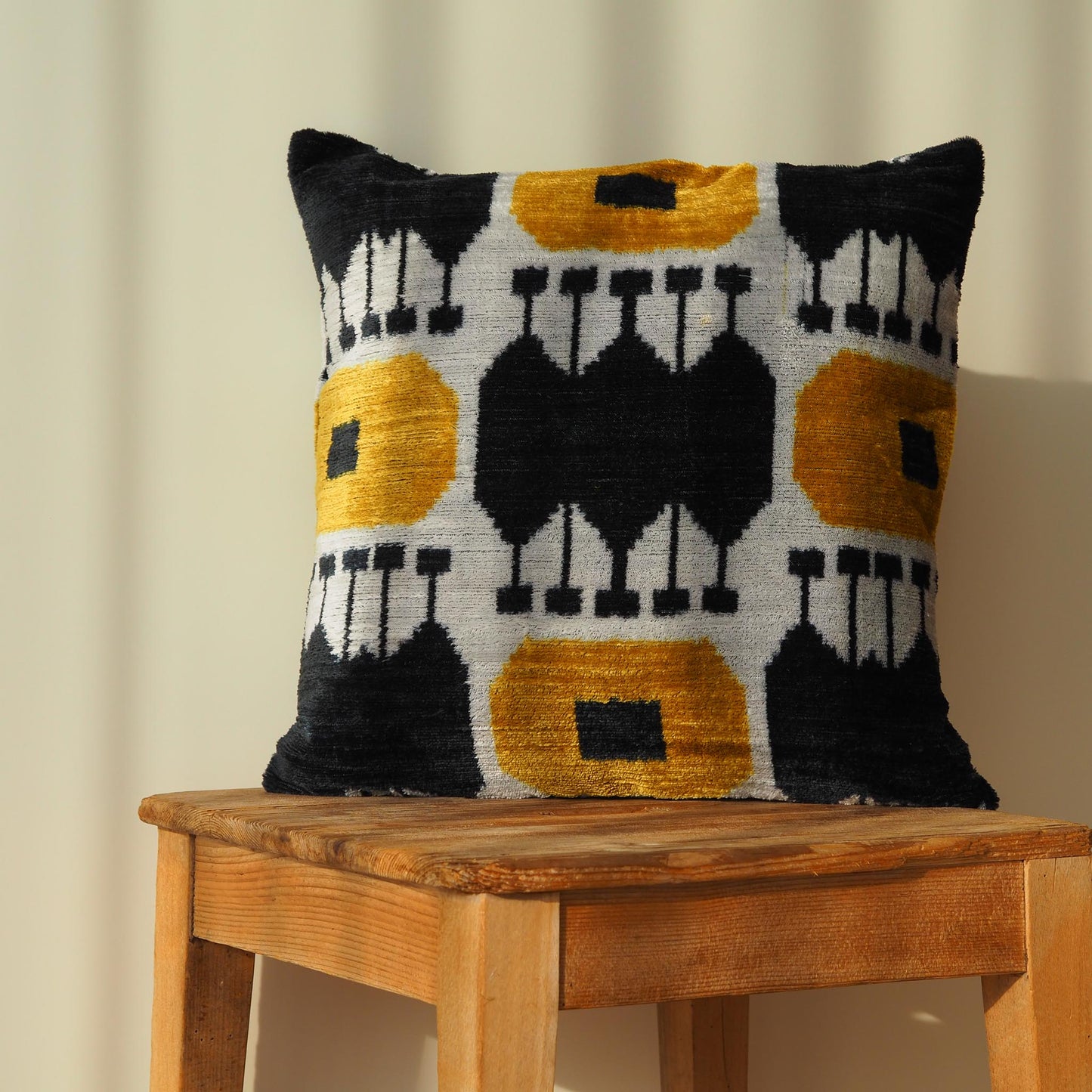 mustard-yellow-black-white-silk-velvet-ikat-cushion