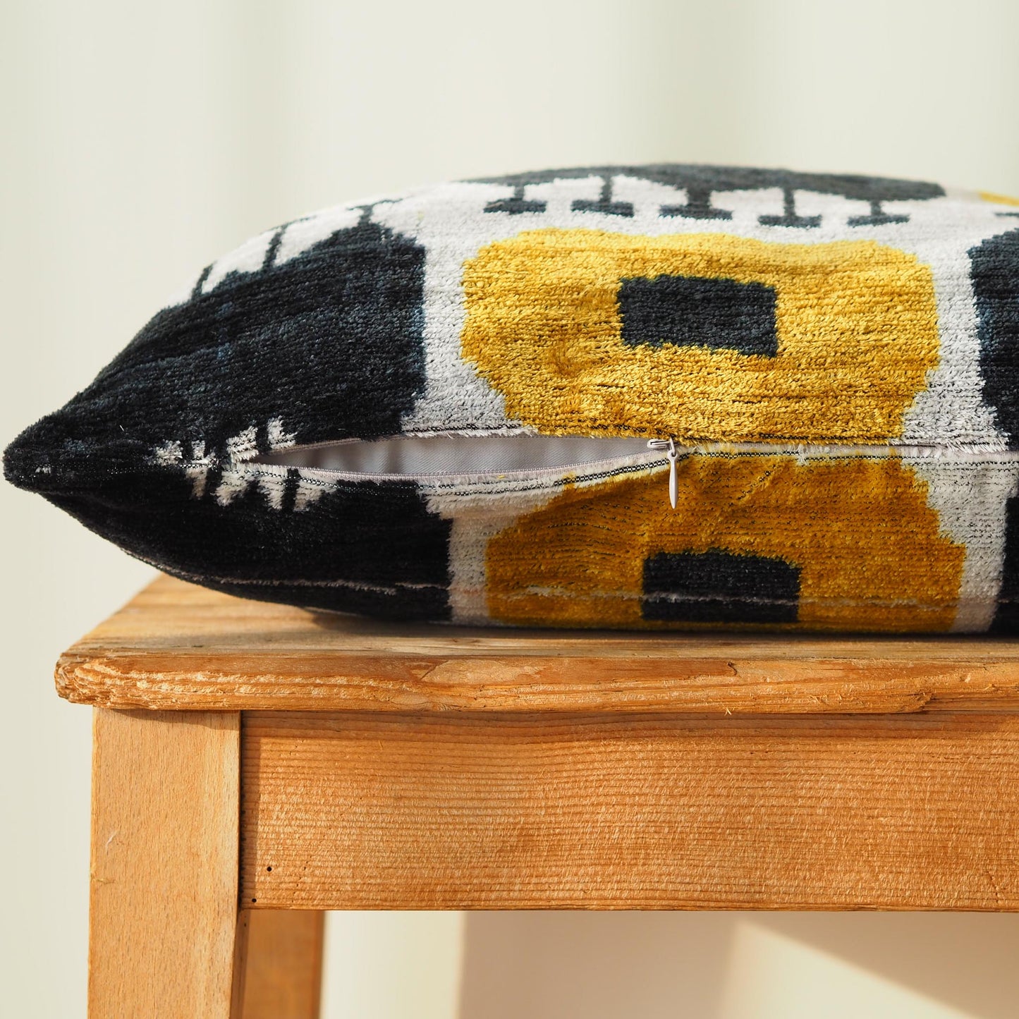 mustard-yellow-black-white-silk-velvet-ikat-cushion