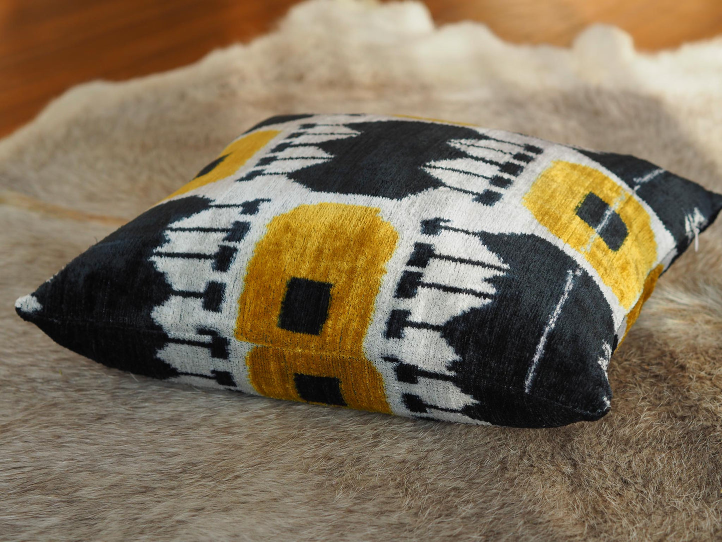 mustard-yellow-black-white-silk-velvet-ikat-cushion