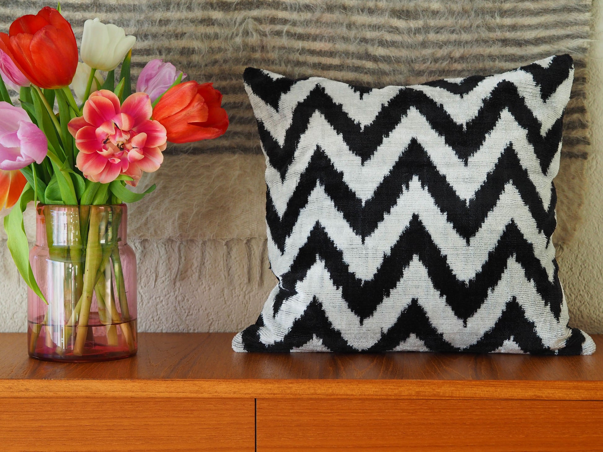 black-white-triangle-silk-velvet-ikat-cushion