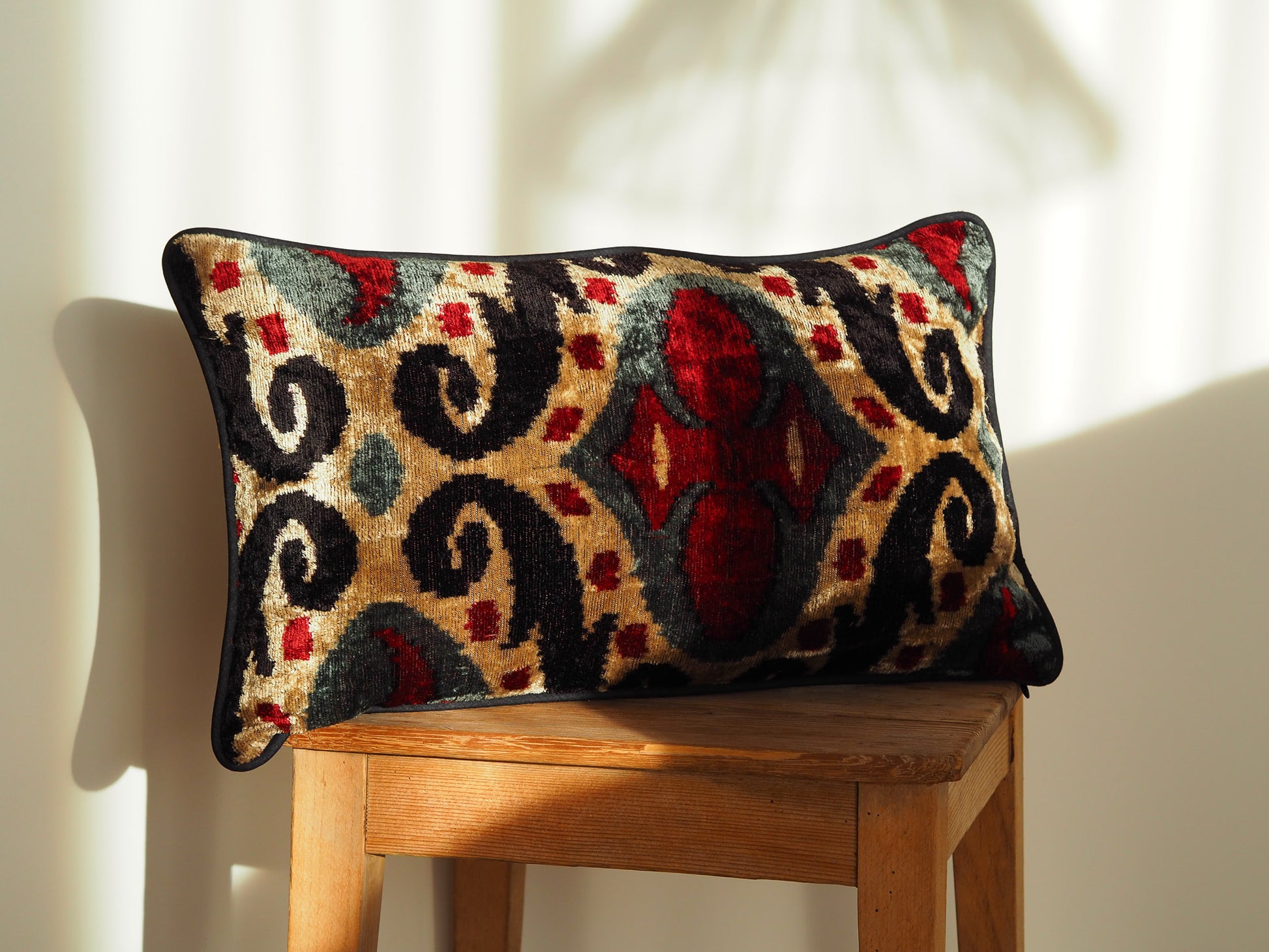 Bordeaux-golde-black-silk-velvet-ikat-cushion-cover
