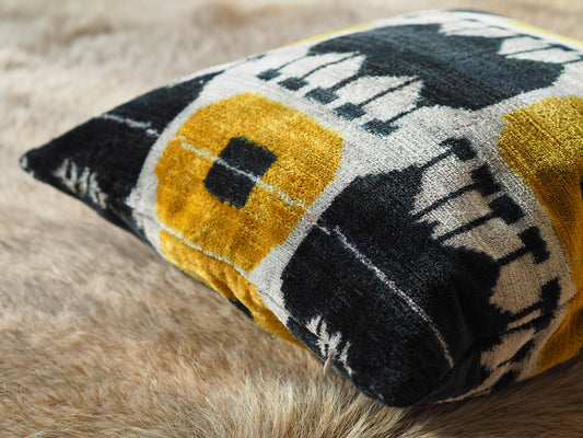 mustard-yellow-black-white-silk-velvet-ikat-cushion