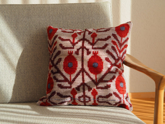 pomegranate-red-white-silk-velvet-ikat-cushion