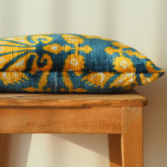 yellow-petrol-blue-silk-velvet-ikat-cushion